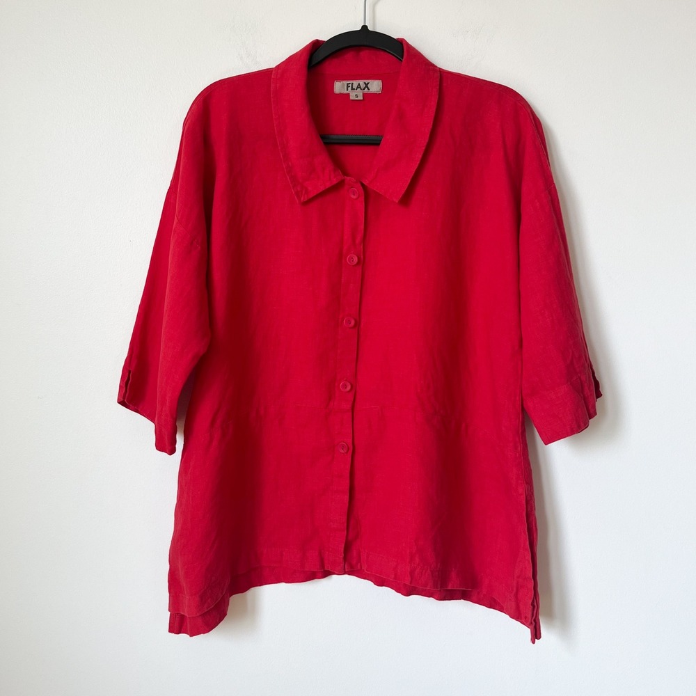 Flax Linen Button Down Shirt Red Womens Small